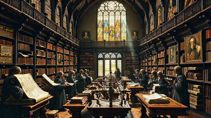Sabios renacentistas en una biblioteca iluminada
