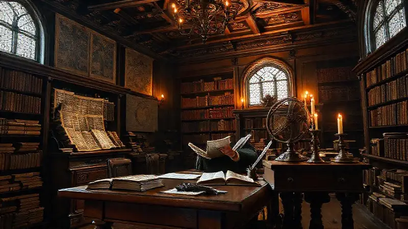 Estudio renacentista con libros y manuscritos