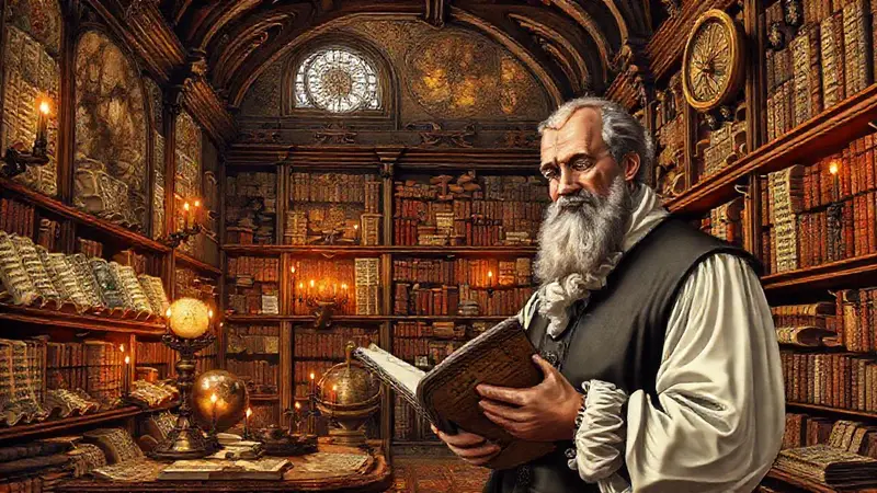 Biblioteca renacentista llena de conocimiento y arte