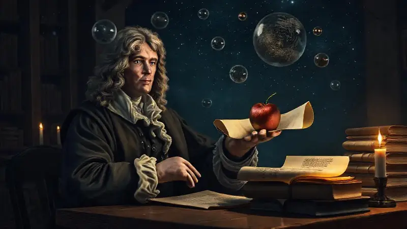 Newton contempla la gravedad bajo un cielo estrellado