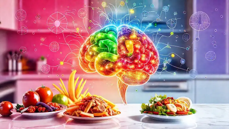 Imágenes cerebrales con frutas y verduras vibrantes