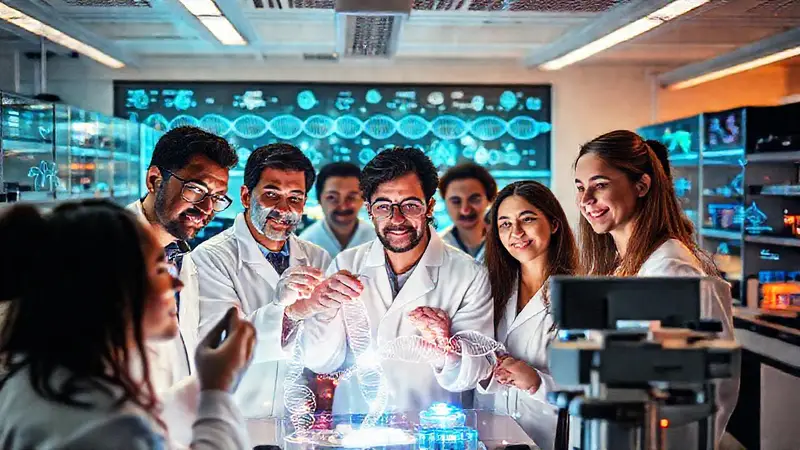 Científicos colaboran en laboratorio con ADN