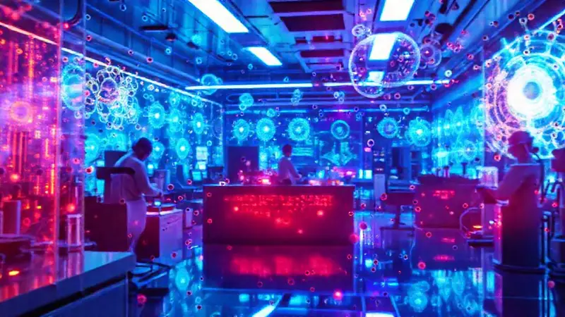 Laboratorio futurista con nanotechnología y científicos