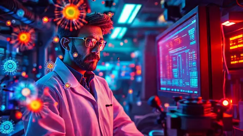 Científico en laboratorio futurista con nanobots