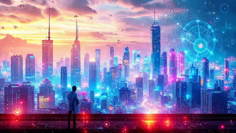 Ciudad futurista con tecnología y energía vibrante