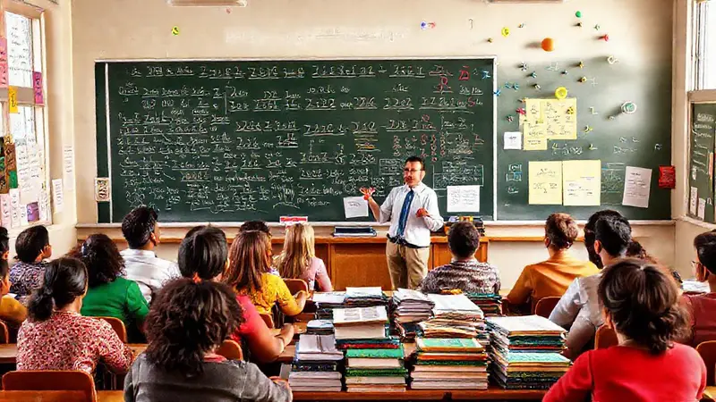 Aula colorida con estudiantes aprendiendo matemáticas