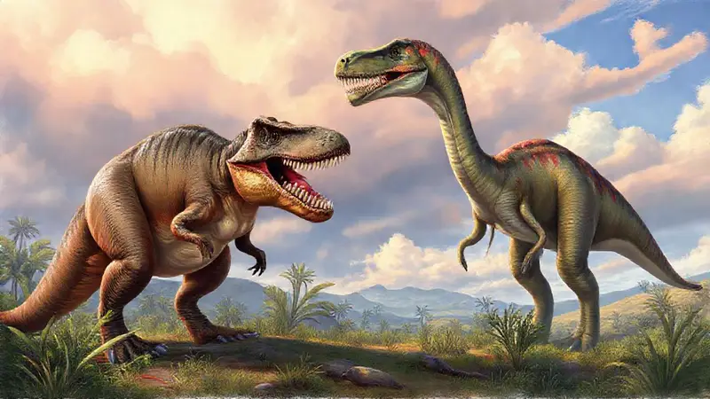 T-Rex y Brachiosaurus en paisaje prehistórico vibrante