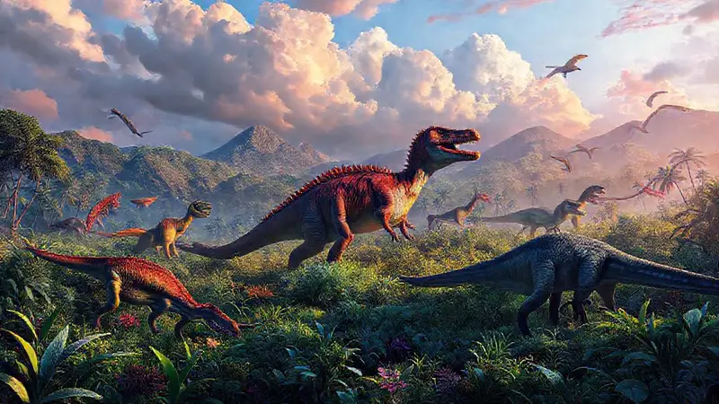 Dinosaurios cazando y pastando en paisaje vibrante