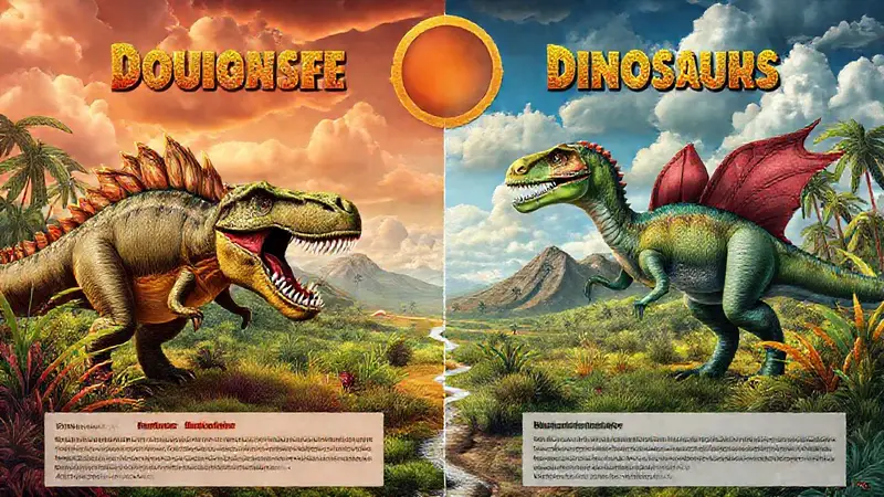 Dinosaurios contrastantes en paisaje prehistórico vibrante