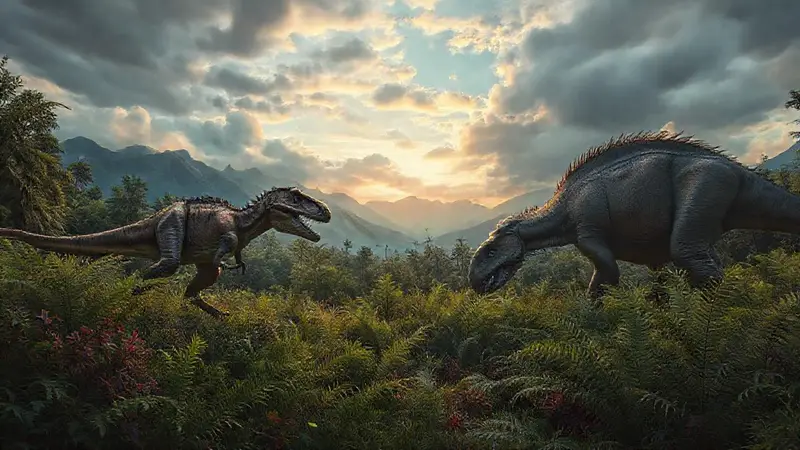 Dinosaurios cazando y pastando en un paisaje