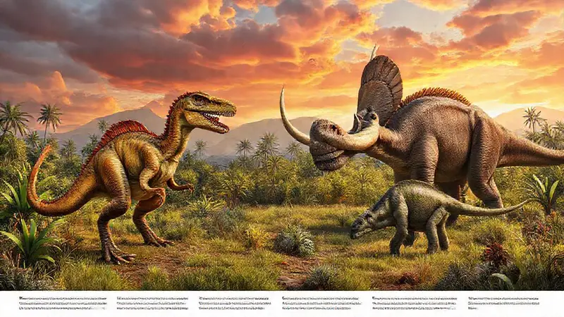 Dinosaurios cazando y pastando en un paisaje