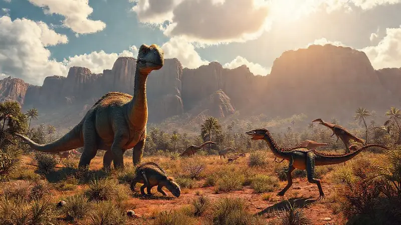 Paisaje prehistórico con grandes dinosaurios y vegetación