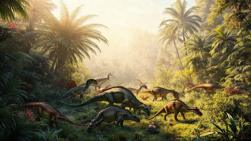 Dinosaurios herbívoros en un paisaje prehistórico