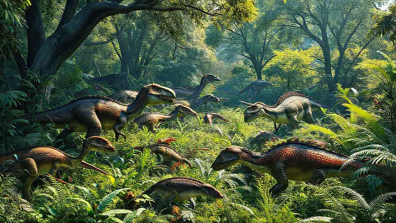 Dinosaurios herbívoros forjan en un paisaje prehistórico