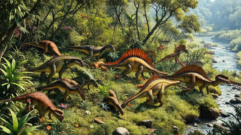Dinosaurs pastando en un paisaje prehistórico