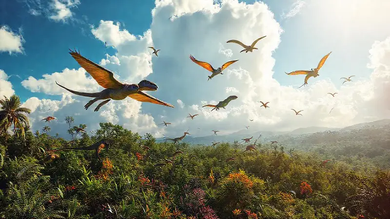 Dinosaurios voladores sobre un paisaje prehistórico