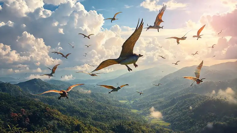 Dinosaurios voladores en paisajes prehistóricos vibrantes