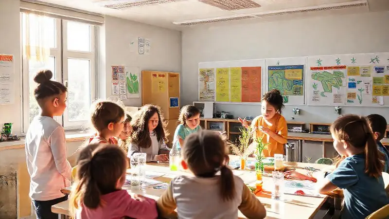Aula diversa con proyectos de energía interactiva