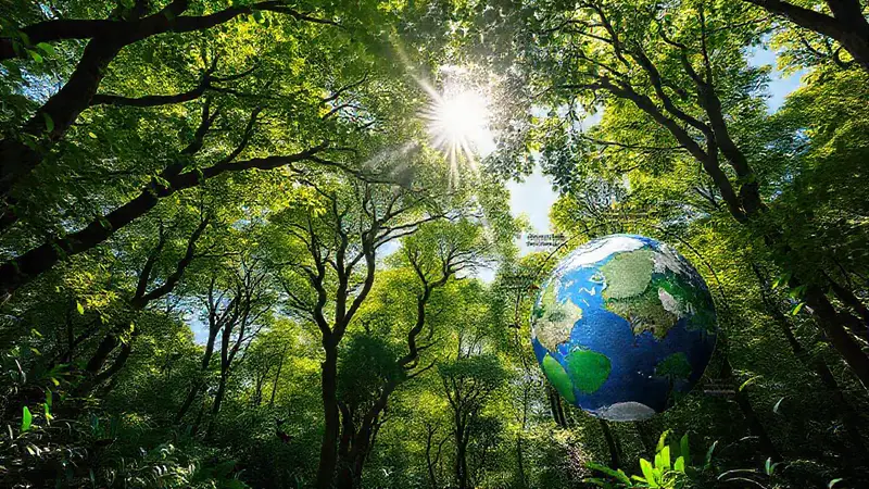 Bosque vibrante con sol y fauna diversa