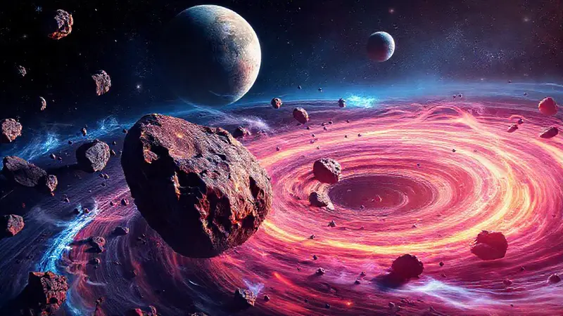Cinturón de asteroides con un fondo cósmico