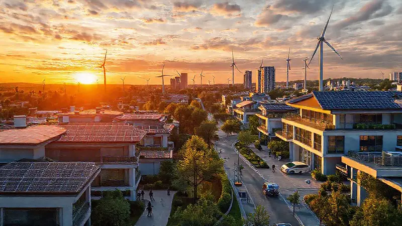 Ciudad verde con energía limpia y tecnología