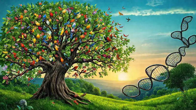 Árbol vibrante con vida diversa y genética