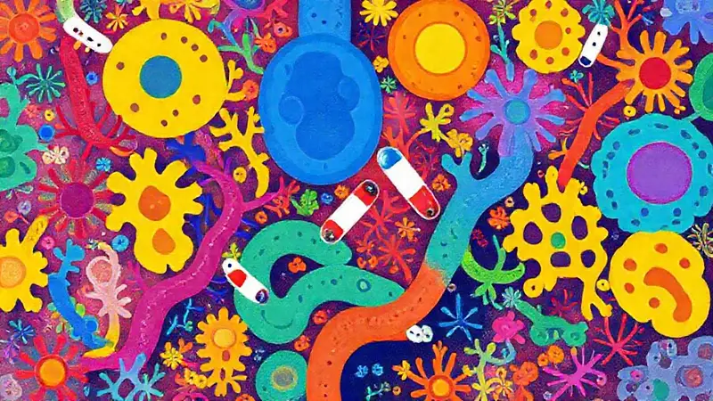 Ilustración colorida de bacterias intestinales diversas