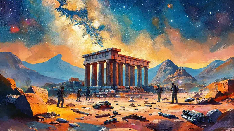 Ruinas antiguas bajo un cielo estrellado