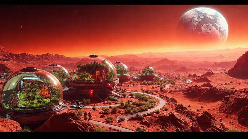 Colonia espacial en Marte con tecnología avanzada