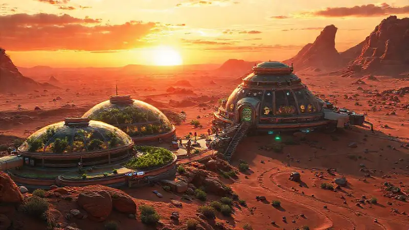 Colonia en Marte con humanos y extraterrestres
