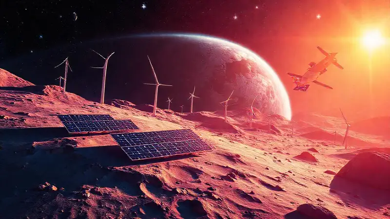 Paisaje lunar futurista con energía sostenible