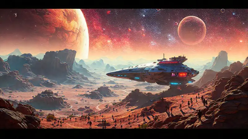 Nave espacial coloniza un nuevo planeta vibrante