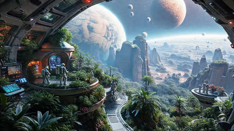 Hábitat espacial futurista con astronautas y tecnología
