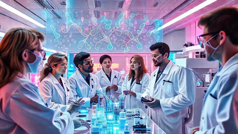 Laboratorio futurista con científicos colaborando éticamente