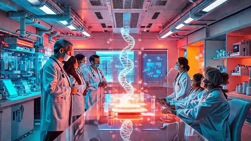 Laboratorio futurista con médicos y tecnología avanzada