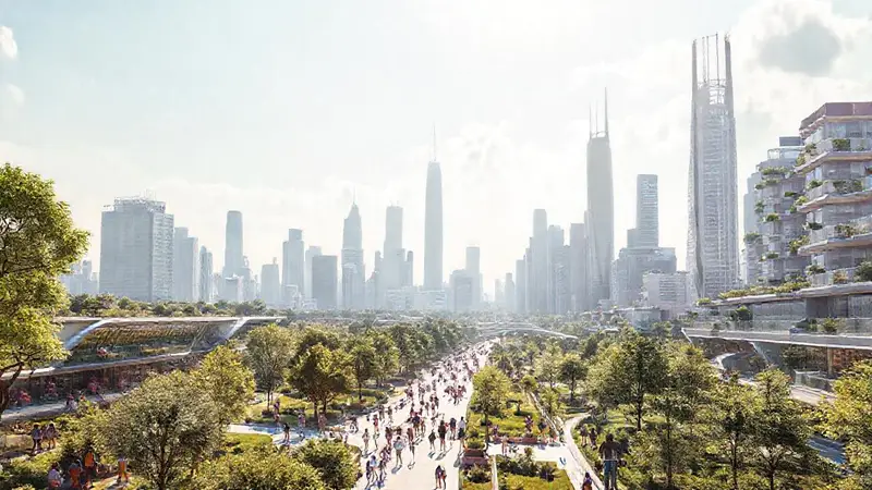 Ciudad futurista con sostenibilidad y comunidad vibrante