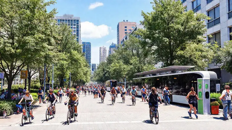 Escena urbana vibrante y sostenible con diversidad