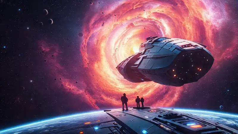 Nave espacial futurista explora galaxias distantes