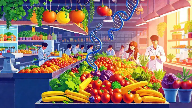 Mercado vibrante con alimentos frescos y ciencia