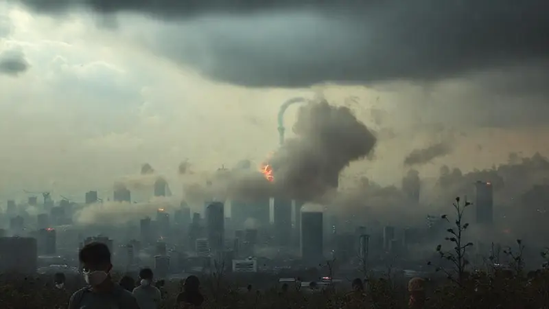 Ciudad contaminada con smog y desesperanza