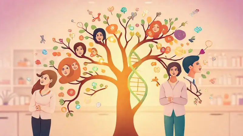 Árbol genealógico diverso con símbolos genéticos