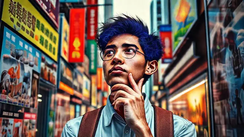 Persona pensativa rodeada de anuncios contrastantes