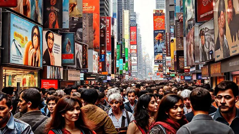 Calle concurrida con anuncios y emociones diversas