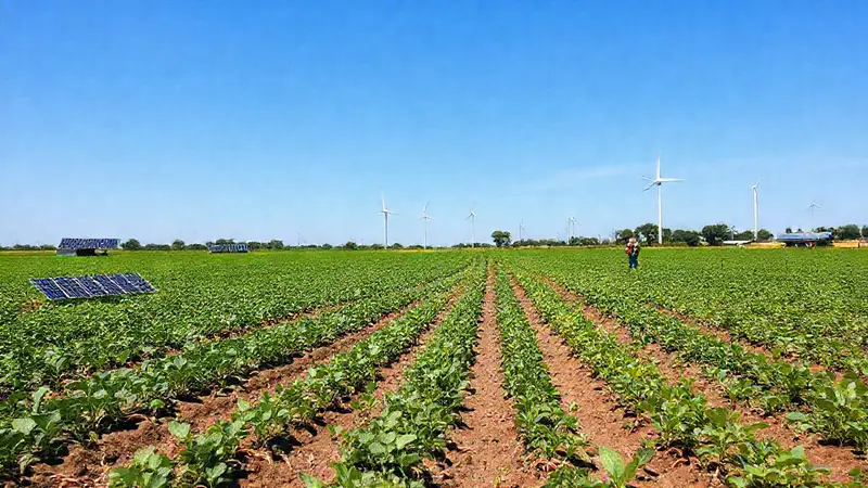 Campo sostenible con tecnología moderna y biodiversidad