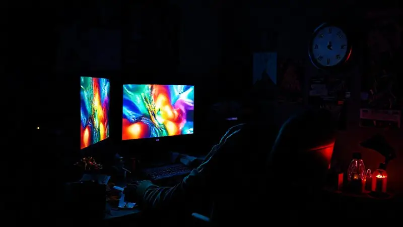 Gamer en la oscuridad, emoción y soledad