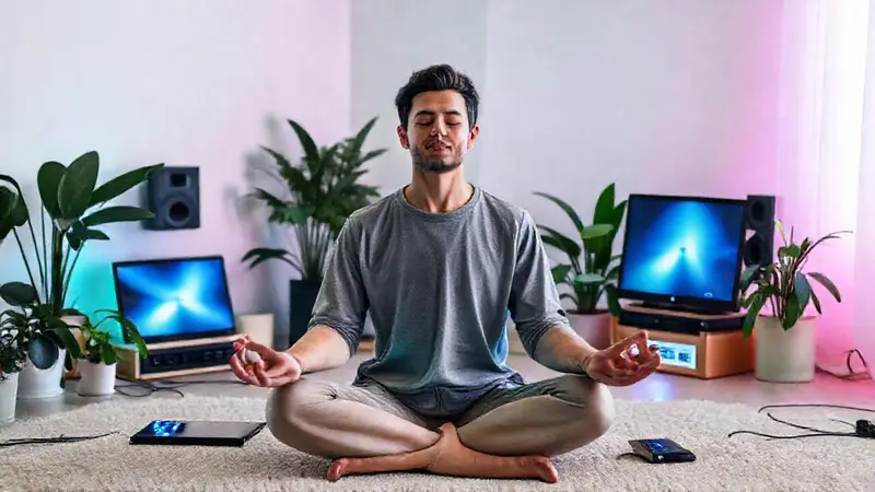 Meditante en armonía con tecnología y naturaleza