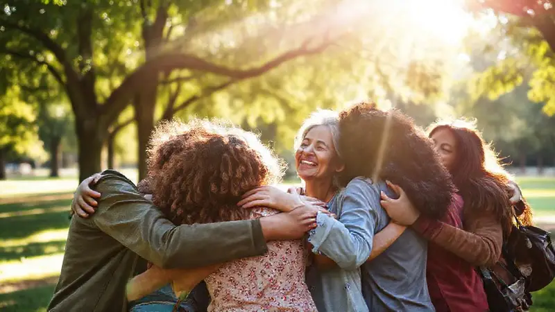 Grupo diverso abrazándose en un parque soleado
