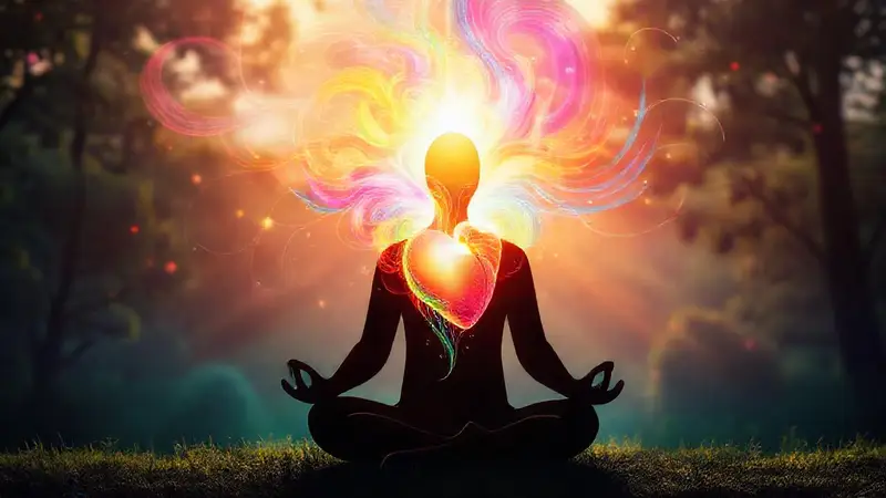 Silueta meditando, emociones coloridas en luz