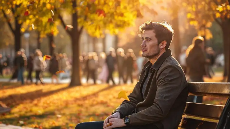 Persona reflexiva en un parque otoñal