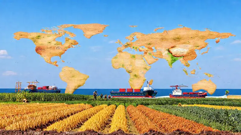 Agricultura global con comercio y tecnología moderna